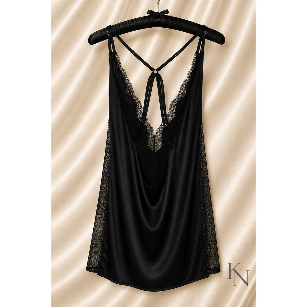 Victoria’s Secret Black Satin Lace Slip Dress – Size L